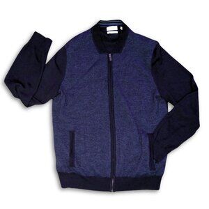Calvin Klein Men knit Cardigan Italian Yarn Wool Sweater Zip Jacket Blue Navy LG
